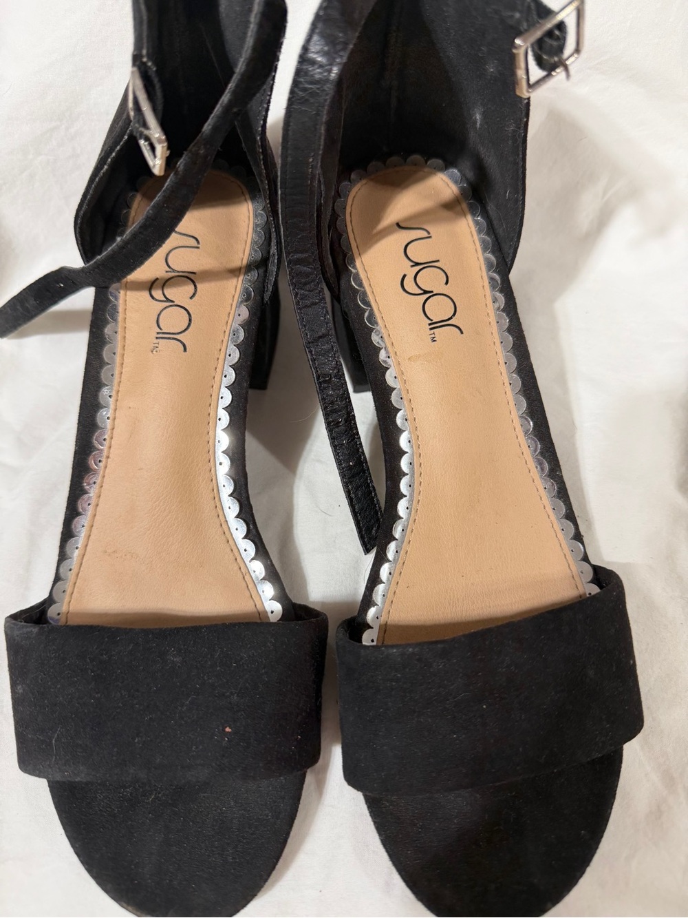 Sugar Black Suede Open-Toe Ankle Strap Block Heel Sandals